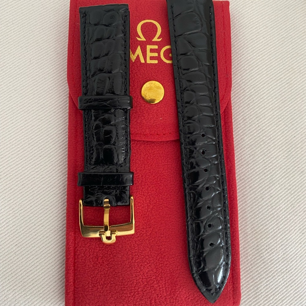 Omega Black Crocodile Leather Watch Strap with Gold Buckle Accent